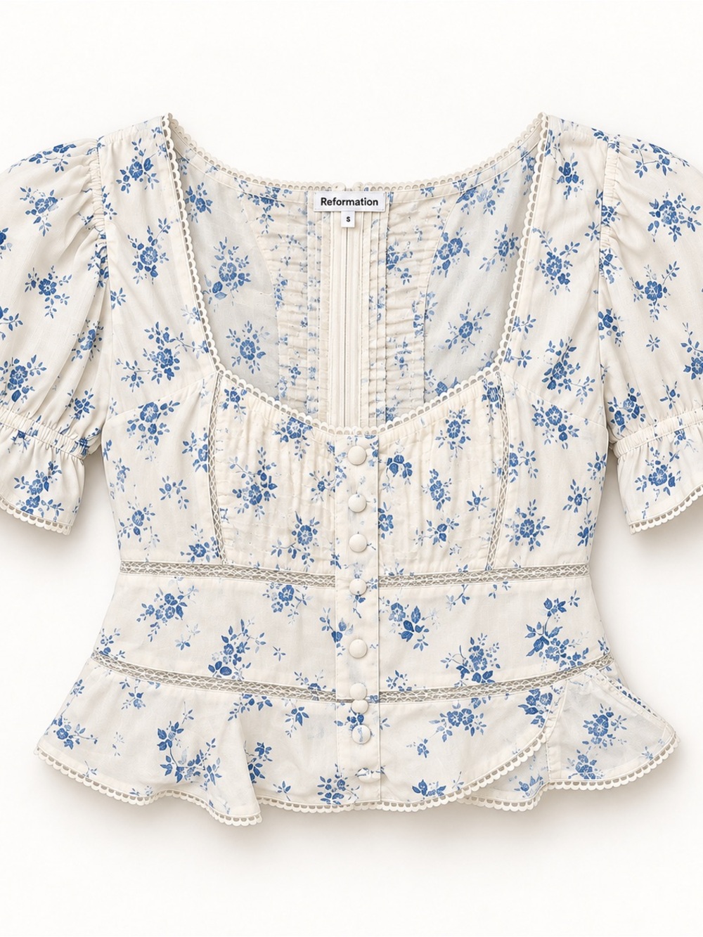Reformation Cream Top with Blue Floral Print and Puff Sleeves